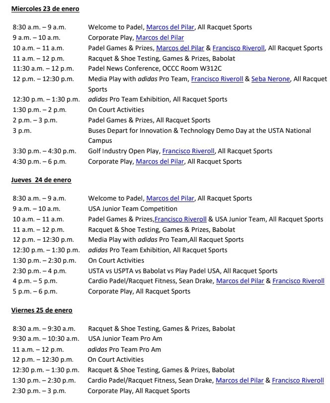 feria RACQUET & Paddle Sports Conference - Calendario de Actividades