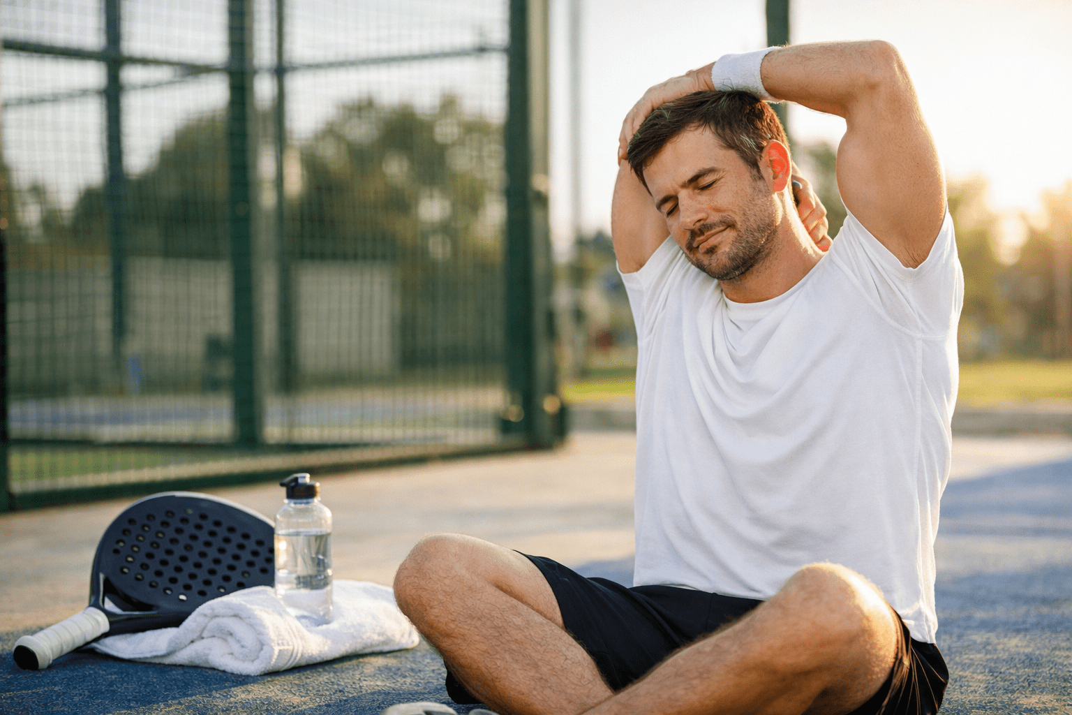 Jugador de pádel realizando estiramientos tras un partido como parte de su recuperación física