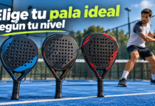 Cómo elegir pala de pádel según tu nivel: guía práctica Tres palas de pádel de diferentes formas para elegir según el nivel de juego, junto a un jugador en pista
