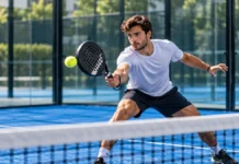 El tercer golpe en pádel: qué hacer después de sacar Jugador de pádel ejecutando una volea de derecha cerca de la red, con la pala delante del cuerpo